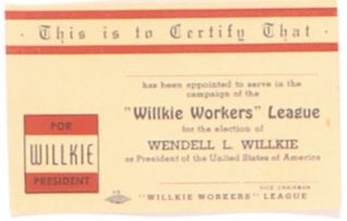Willkie Workers League Card