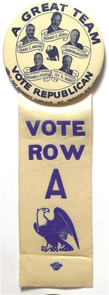 Dewey for Governor New York Great Team Pin, Ribbon