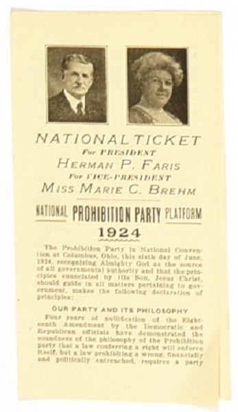 Faris, Brehm Rare 1924 Prohibition Party Pamphlet