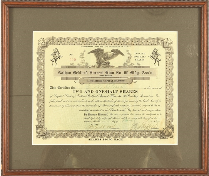 KKK Nathan Bedford Forrest Building Assn. Certificate