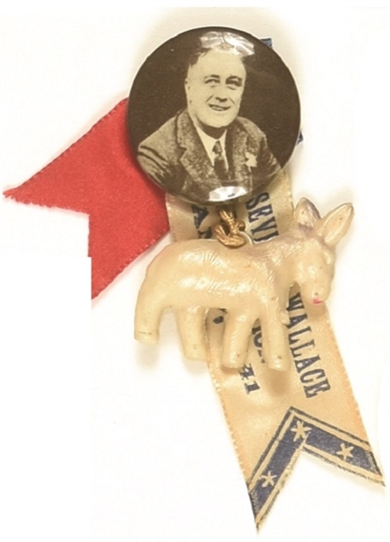 Franklin Roosevelt Pin With Ribbon, Donkey