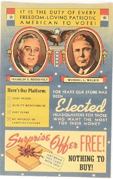 Roosevelt, Willkie Clothes Advertising Postcard