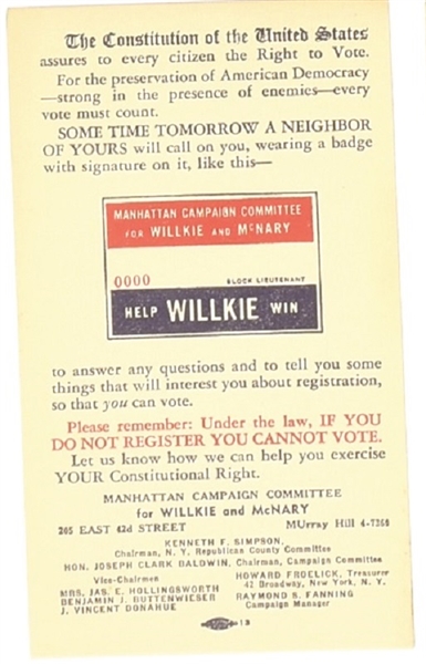 Willkie Manhattan Committee Postcard