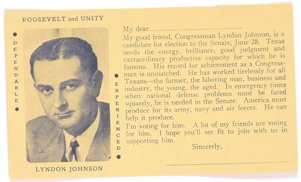 Lyndon Johnson, Roosevelt and Unity Postcard