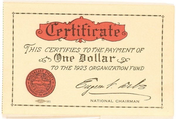 Debs 1923 Socialist Party Certificate