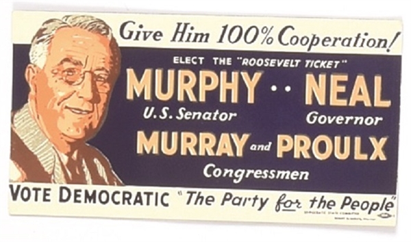 Franklin Roosevelt, Murphy, Neal New Hampshire Coattail Blotter
