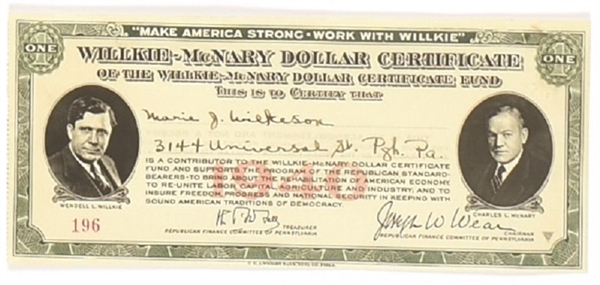 Willkie, McNary Pennsylvania Certificate
