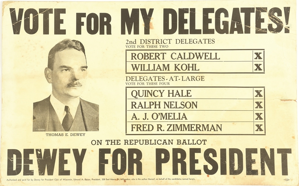 Dewey Wisconsin Vote for My Delegates Poster
