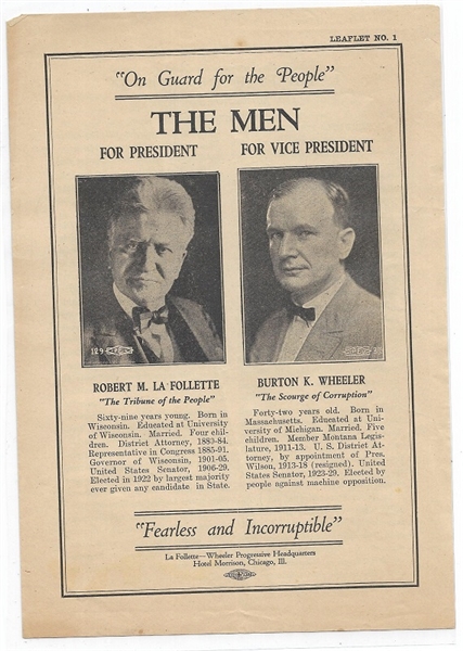 LaFollette, Wheeler On Guard for the People 1924 Progressive Pamphlet
