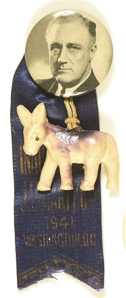 Franklin Roosevelt Celluloid With Donkey, Ribbon