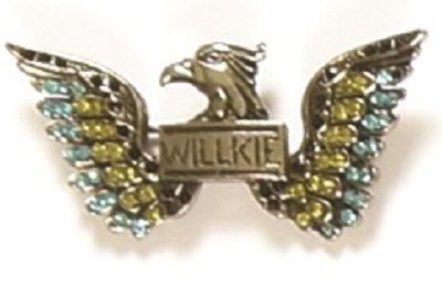 Willkie Silver Eagle Jewelry Pin, Blue and Clear Beads