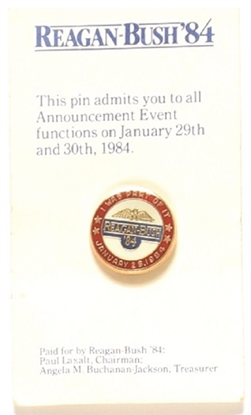 Reagan, Bush 1984 Announcement Pin and Card