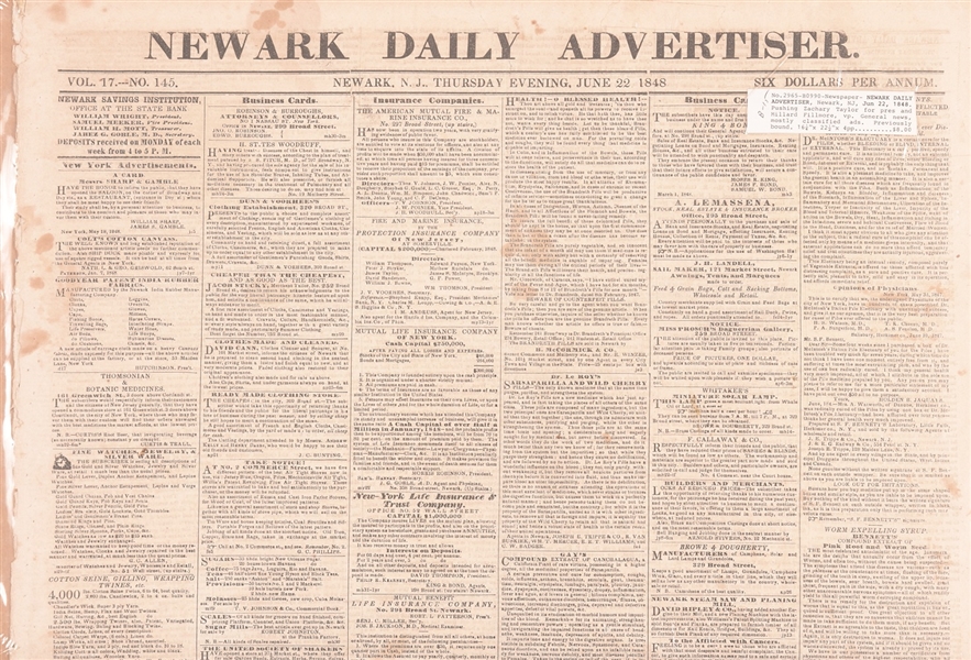Taylor for President, 1848 Newark Daily Advertiser
