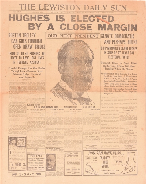 Hughes Elected 1916 Newspaper