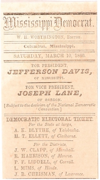 Jefferson Davis Mississippi Democrat Presidency Ballot