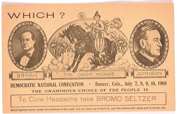 Bryan, Johnson Bromo Seltzer 1908 Convention Postcard