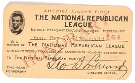 Coolidge National Republican League Membership Card