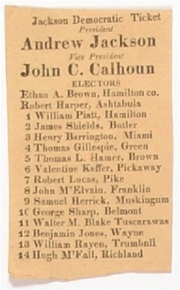 Andrew Jackson 1828 Ohio Ballot