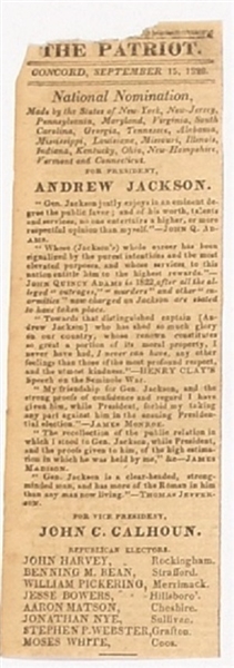Jackson 1828 Ticket Cut from Newspaper