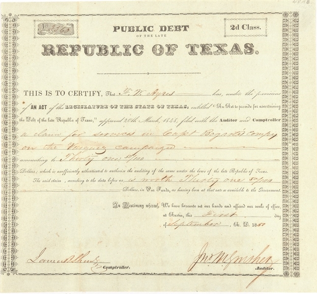 Republic of Texas Debt Certificate