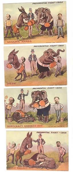 Set of 4 Presidential Fight Postcards from 1908