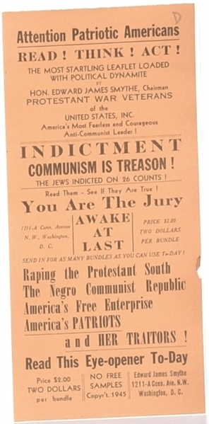 Protestant War Veterans Anti Communist Handbill