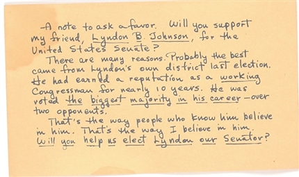 Lyndon Johnson for Senator 1941 Postcard