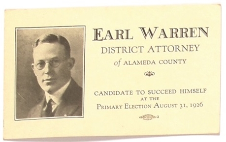 Earl Warren for District Attorney Palm Card