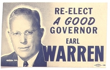 Re-Elect Earl Warren Governor Palm Card