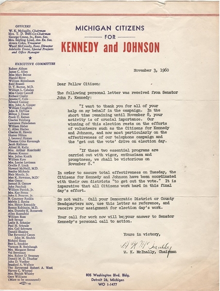 2551 John F. Kennedy Campaign Michigan Letter