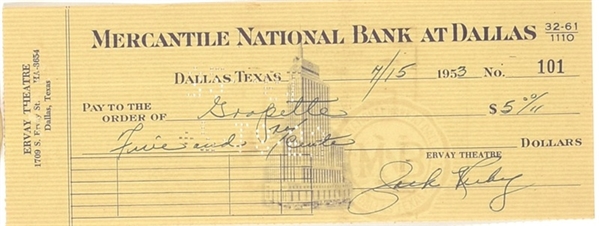 Jack Ruby Ervay Theatre Signed Check