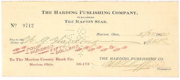 Warren Harding Marion Star Signed Check