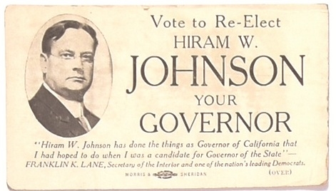 Re-Elect Hiram Johnson Palm Card