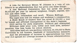 Re-Elect Hiram Johnson Palm Card