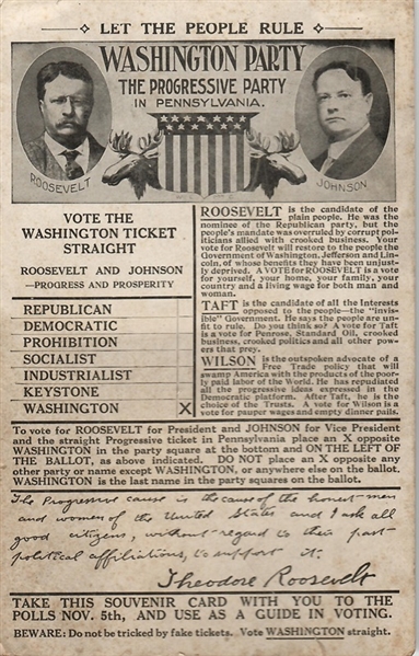Roosevelt, Johnson Progressive Party Postcard 