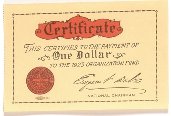 Socialist Party, Debs 1923 Organization Fund Card